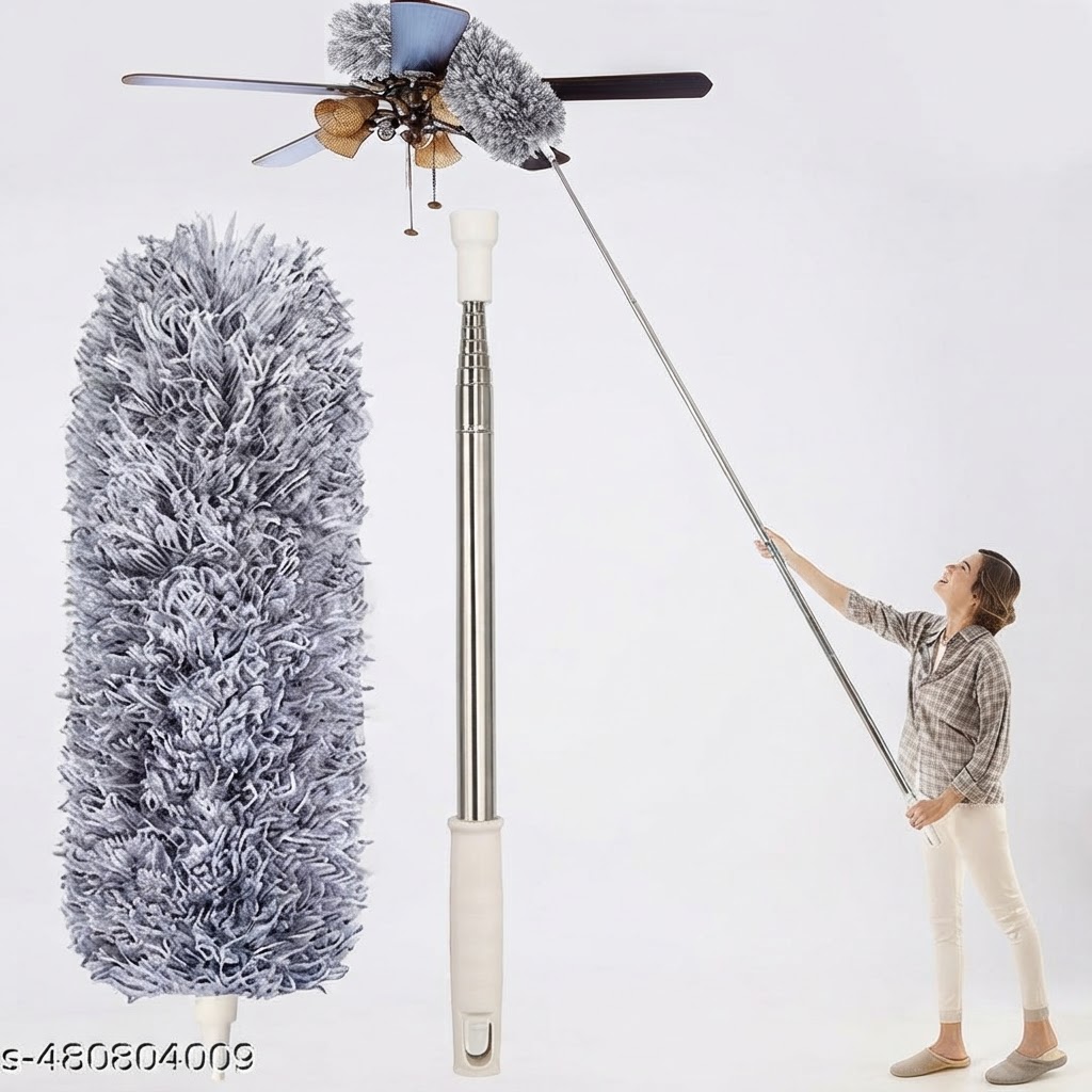 Microfiber Duster for Home Cleaning Metallic Grey Stainless Steel Telescopic Pole Extendable Duster for Home