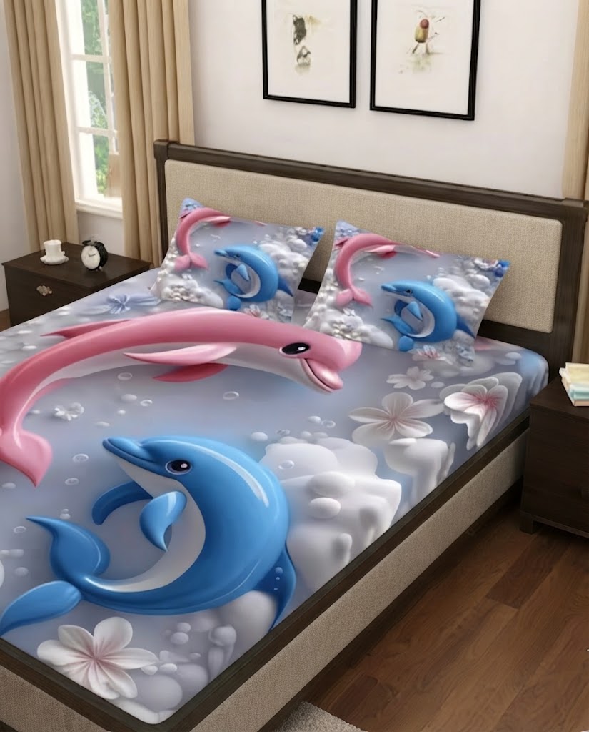 Premium 7D Digital Printed Cotton BEDSHEET with 2 King Size Pillow Covers