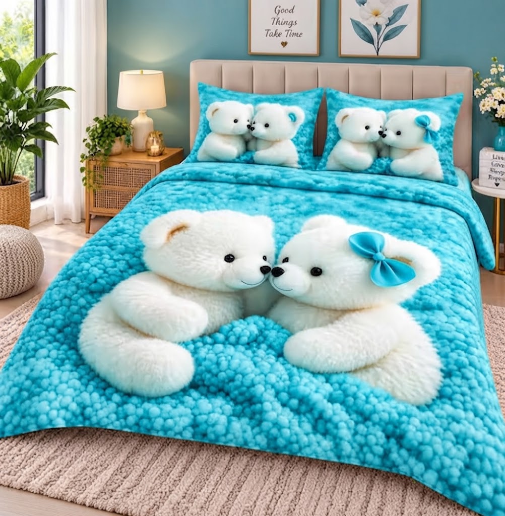 7D White & Sky Blue Teddy Bear Glace Cotton King Size 90*100 inch With 20*30 inch Full Size 2 Pillow Cover