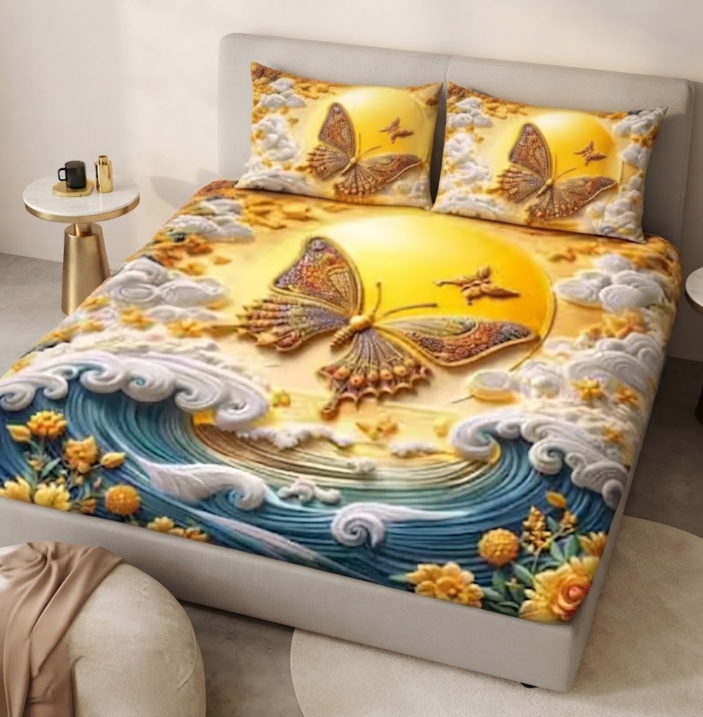 Print Bedsheet 90x100 Inch Double Bed with 2 Pillow Covers – Faux Quilting Super Soft Glace Cotton 3D Bed Sheet