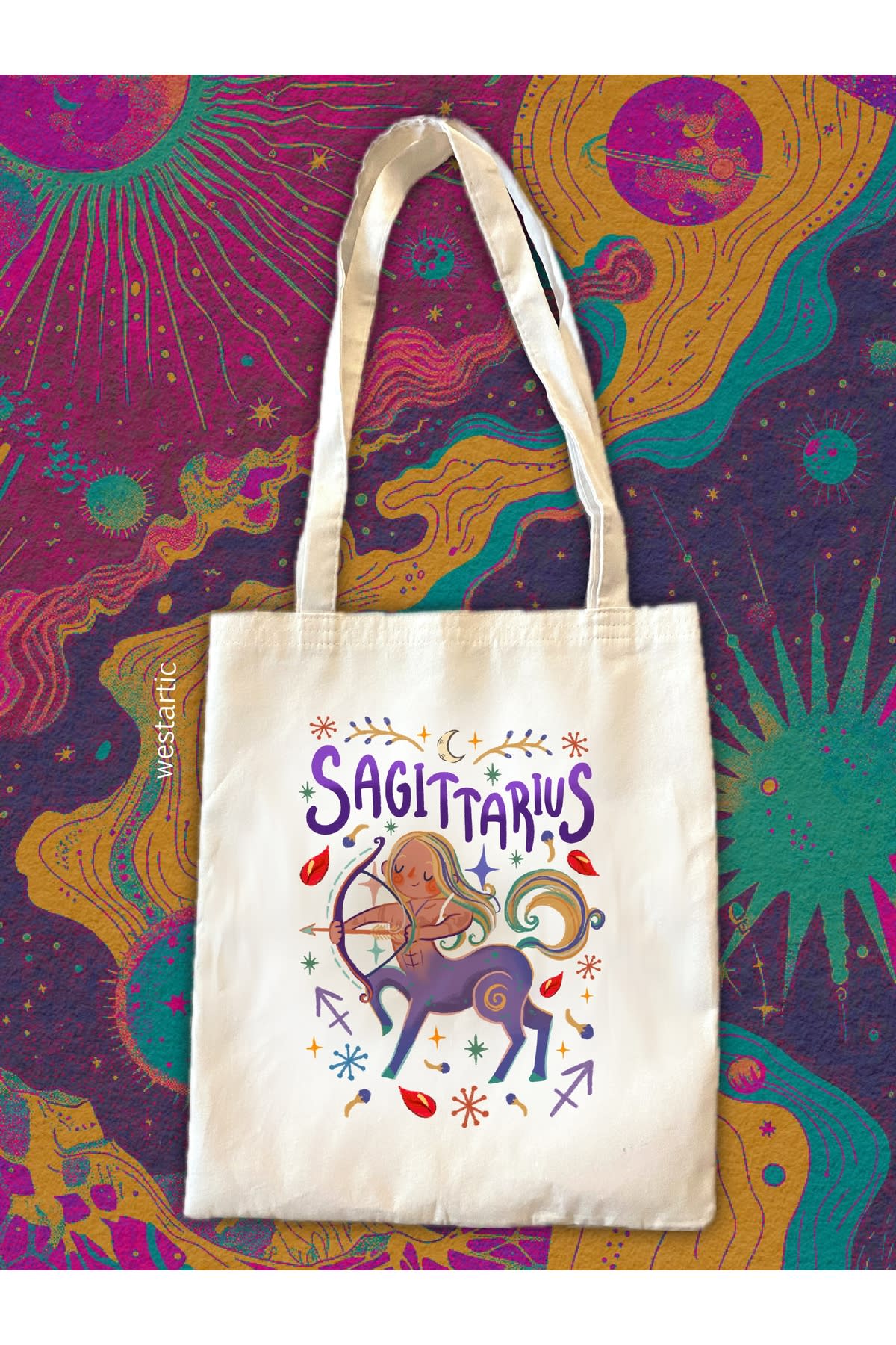 Sagittarius Yay Burcu Özel Tasarım Burç Tote Bez Kumaş Çanta