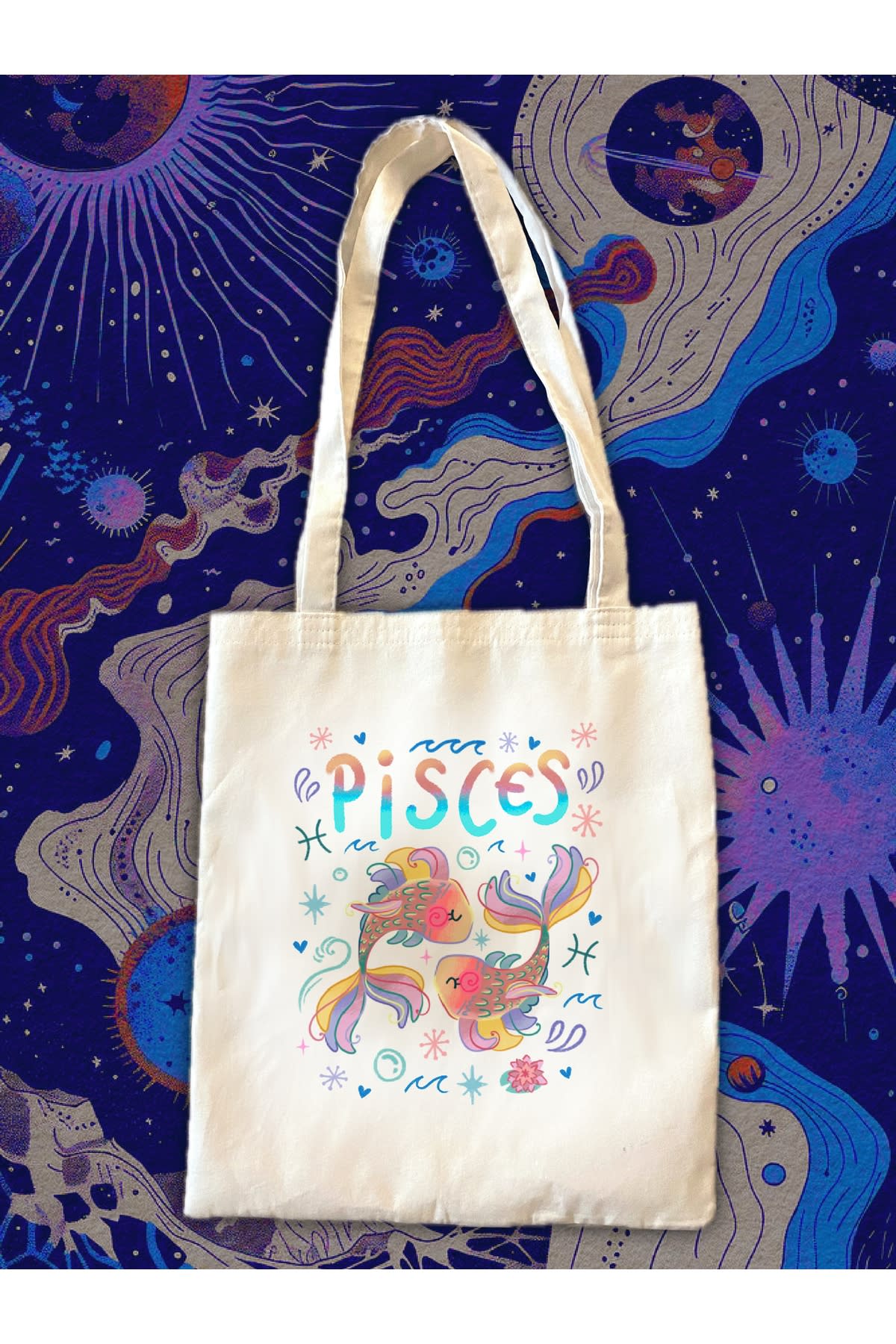 Pisces Balık Burcu Özel Tasarım Kumaş Bez Tote Omuz Çantası