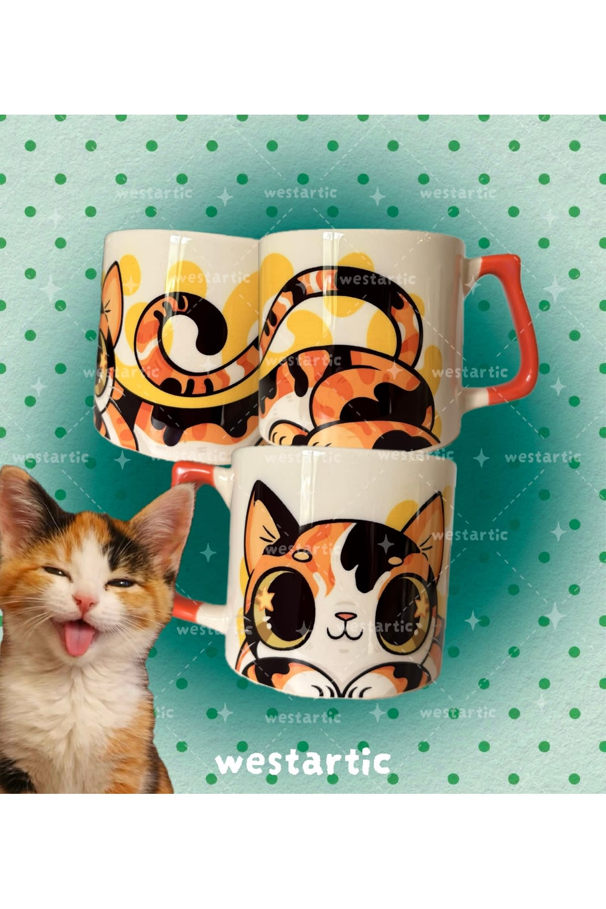westcats Calico Patiska 3 Renkli Kedi Tasarım Kupa Fincan Bardak
