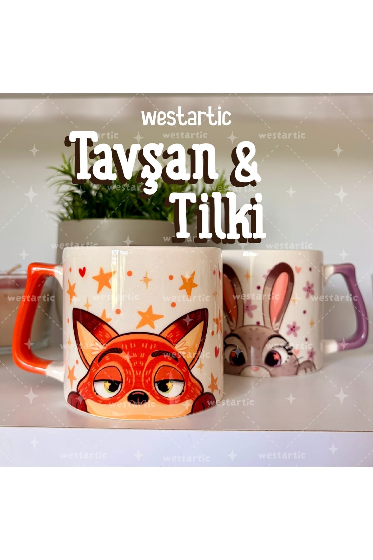 Tavşan Rabbit Mor Çiçekli ve Fox Tilki Yıldızlı Tasarım Kupa Bardak Fincan