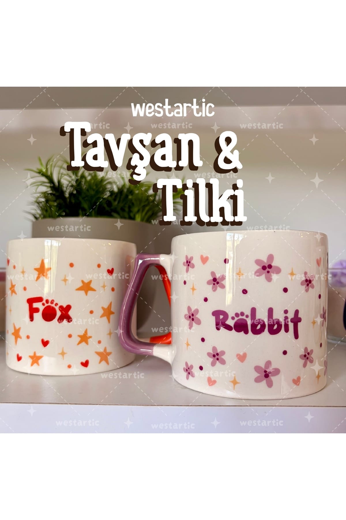 Tavşan Rabbit Mor Çiçekli ve Fox Tilki Yıldızlı Tasarım Kupa Bardak Fincan görsel 3