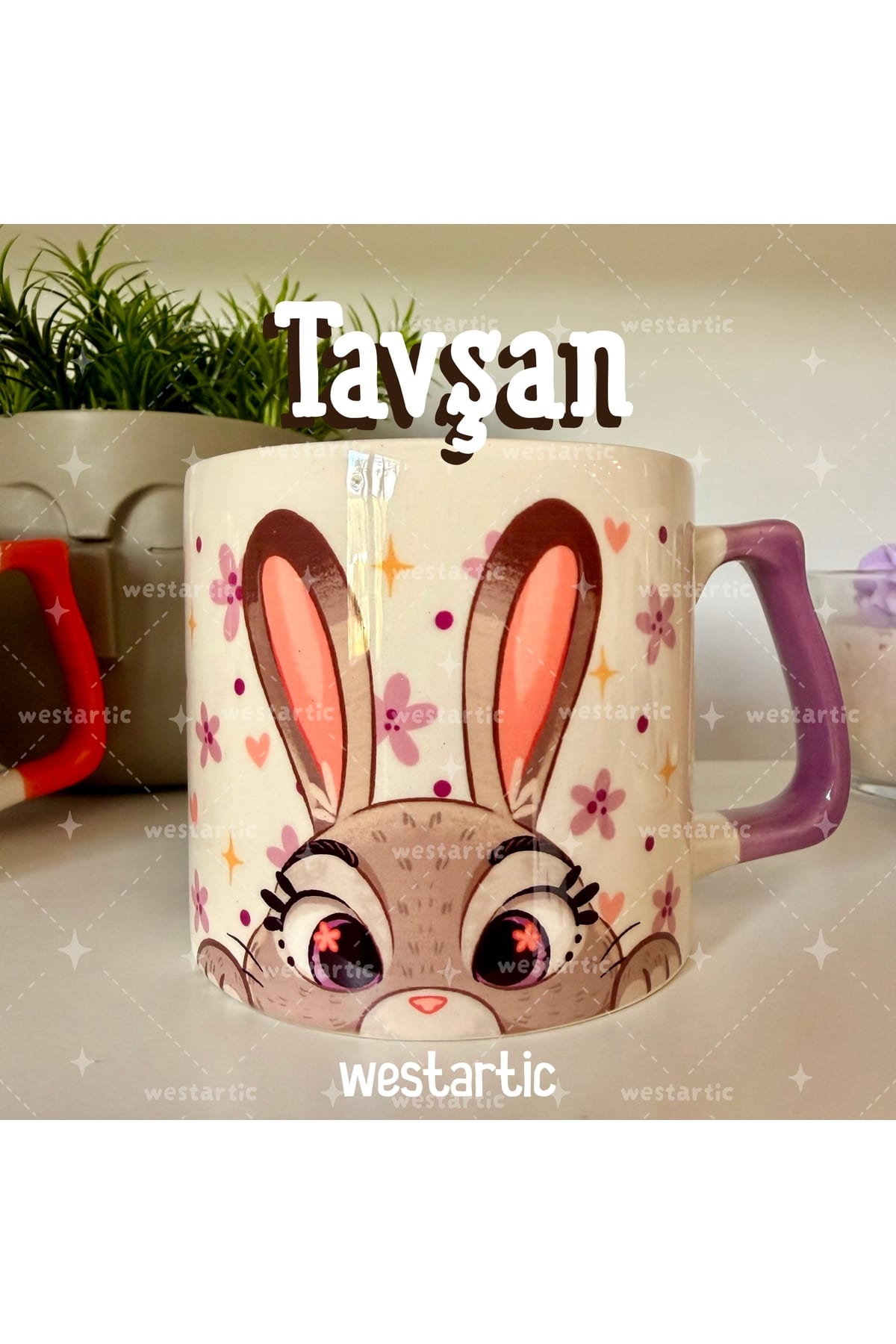 Tavşan Rabbit Mor Çiçekli Tasarım Kupa Bardak Fincan
