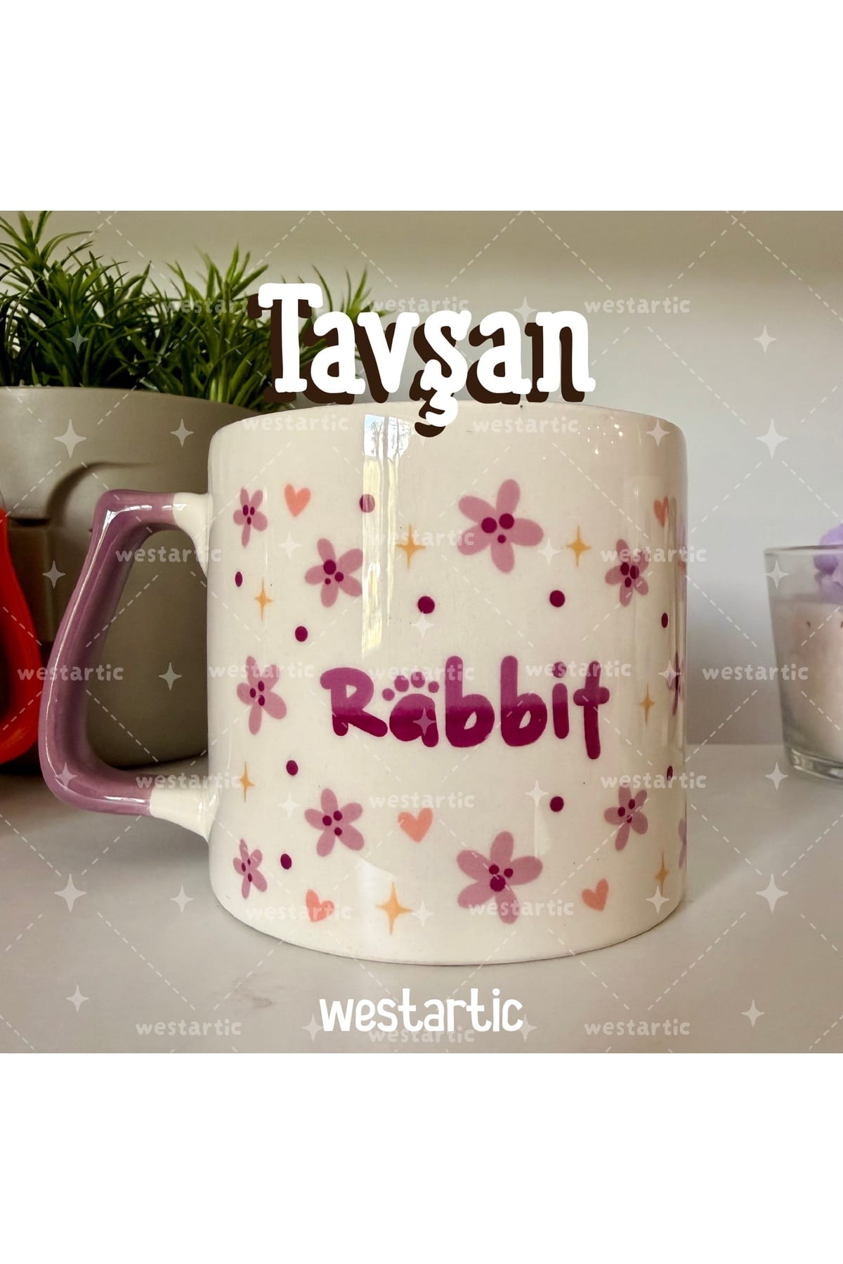 Tavşan Rabbit Mor Çiçekli Tasarım Kupa Bardak Fincan görsel 2
