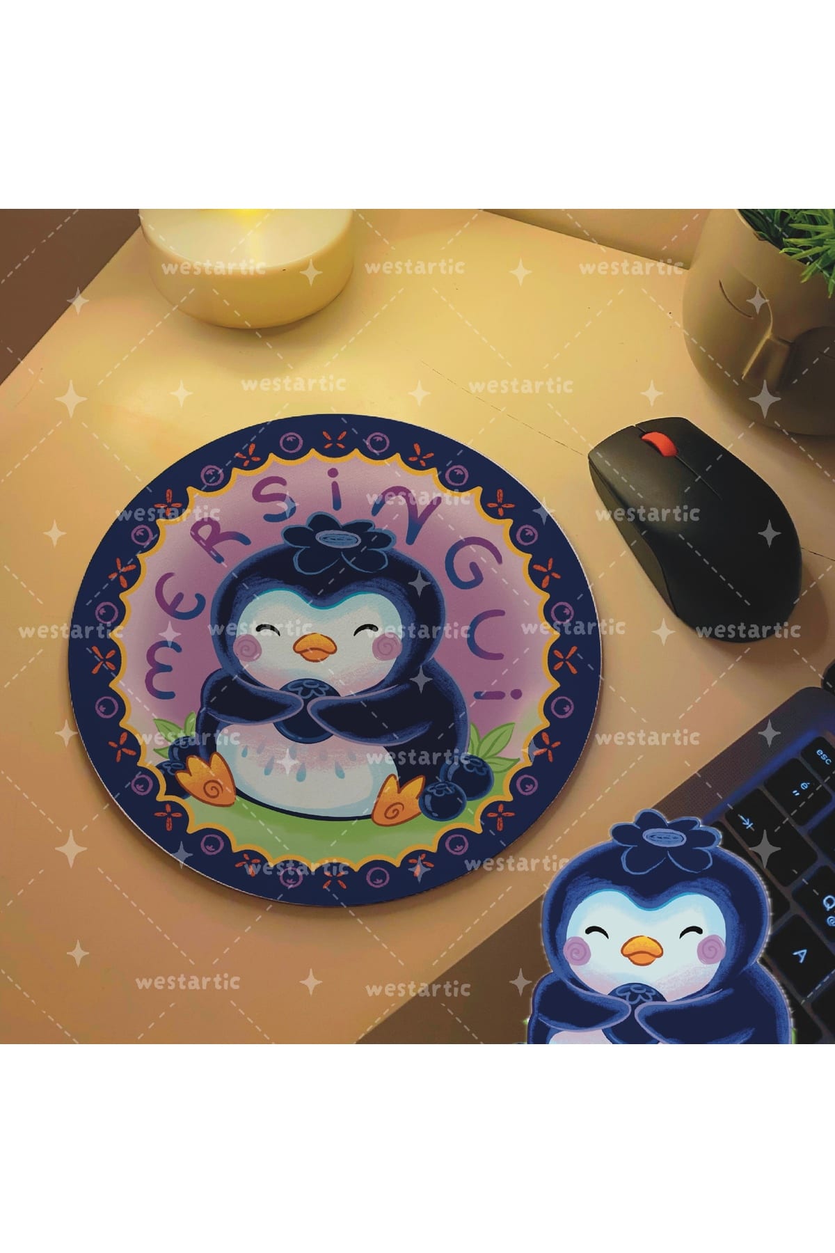 Yaban Mersini + Penguen = MERSİNGUİ Meyveler ve Hayvanlar Tasarım Mousepad Mouse Pad Altlığı