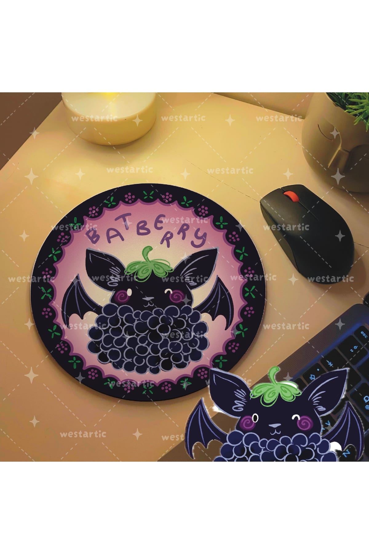 Böğürtlen + Yarasa = BATBERRY Meyveler ve Hayvanlar Tasarım Mousepad Mouse Pad Altlığı
