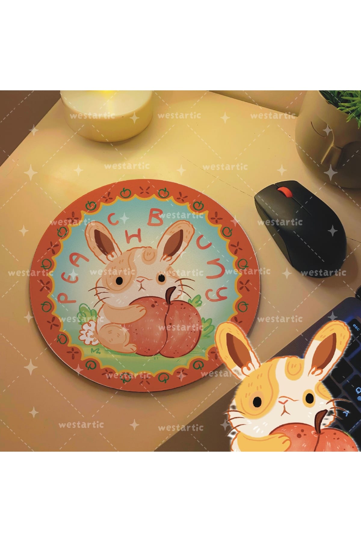 Şeftali + Tavşan = PEACHBUNY Meyveler ve Hayvanlar Tasarım Mousepad Mouse Pad Altlığı