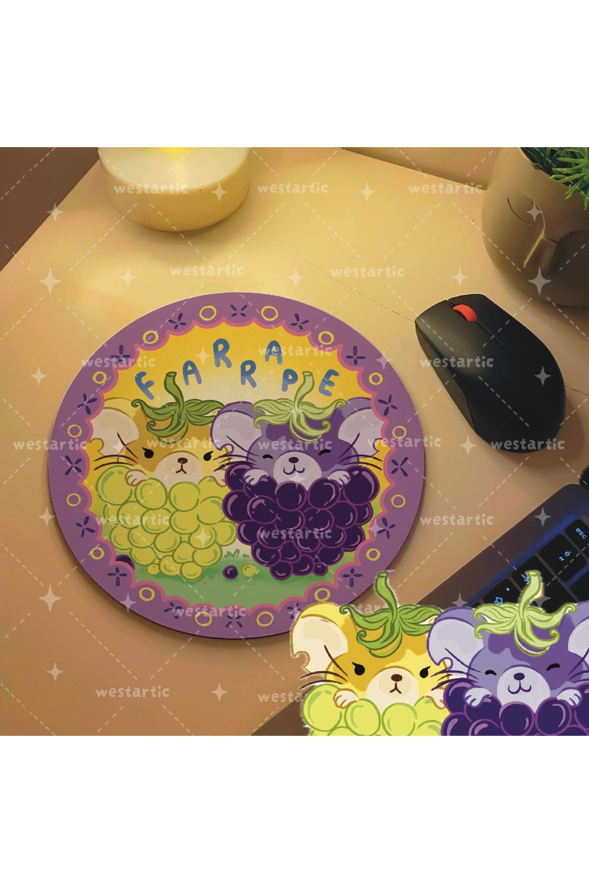 Üzüm + Fare = FARRAPE Meyveler ve Hayvanlar Tasarım Mousepad Mouse Pad Altlığı