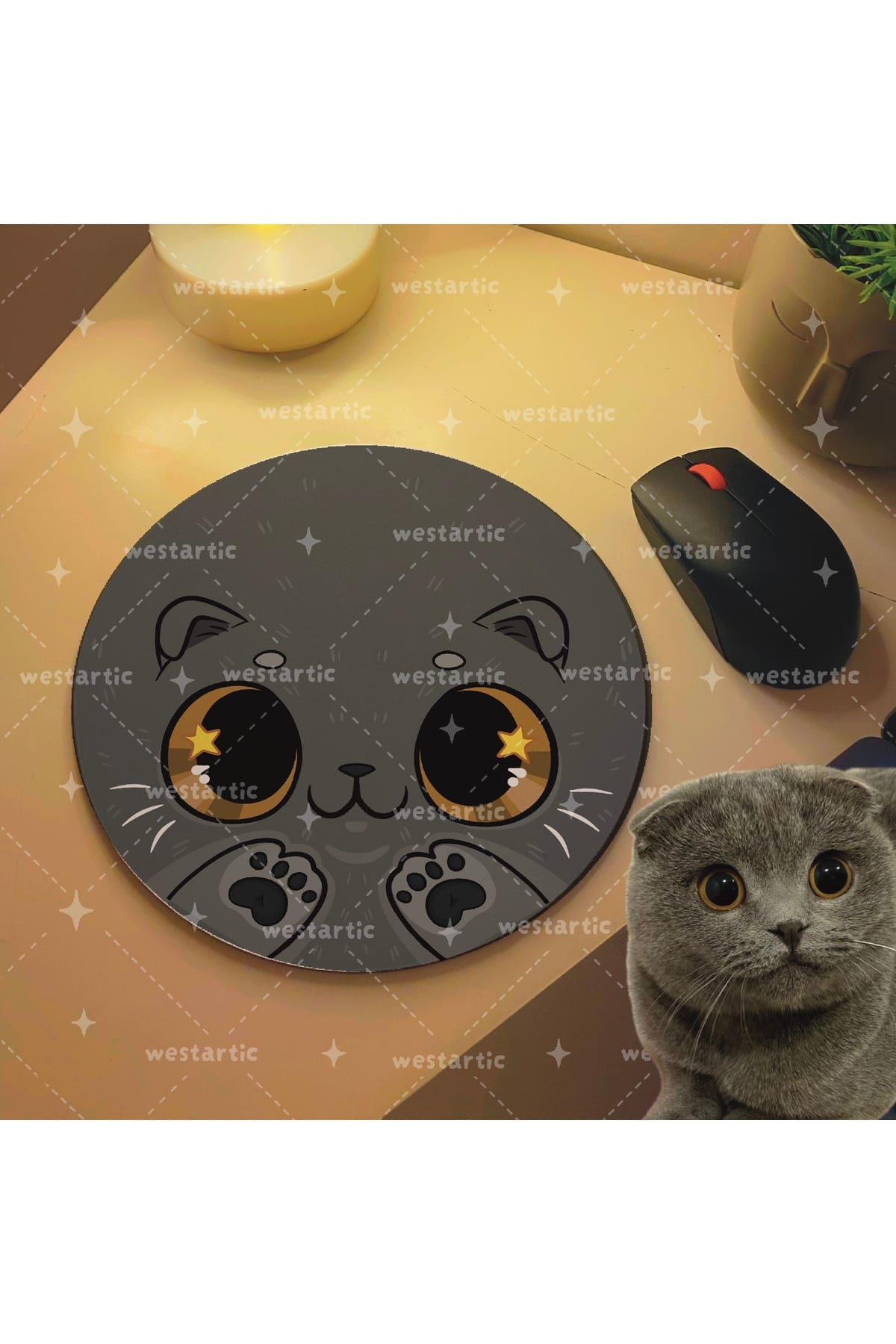 westcats SCOTTİSH FOLD Cins Kedisi Gri Kedi Tasarım Mousepad Mouse Pad Altlığı