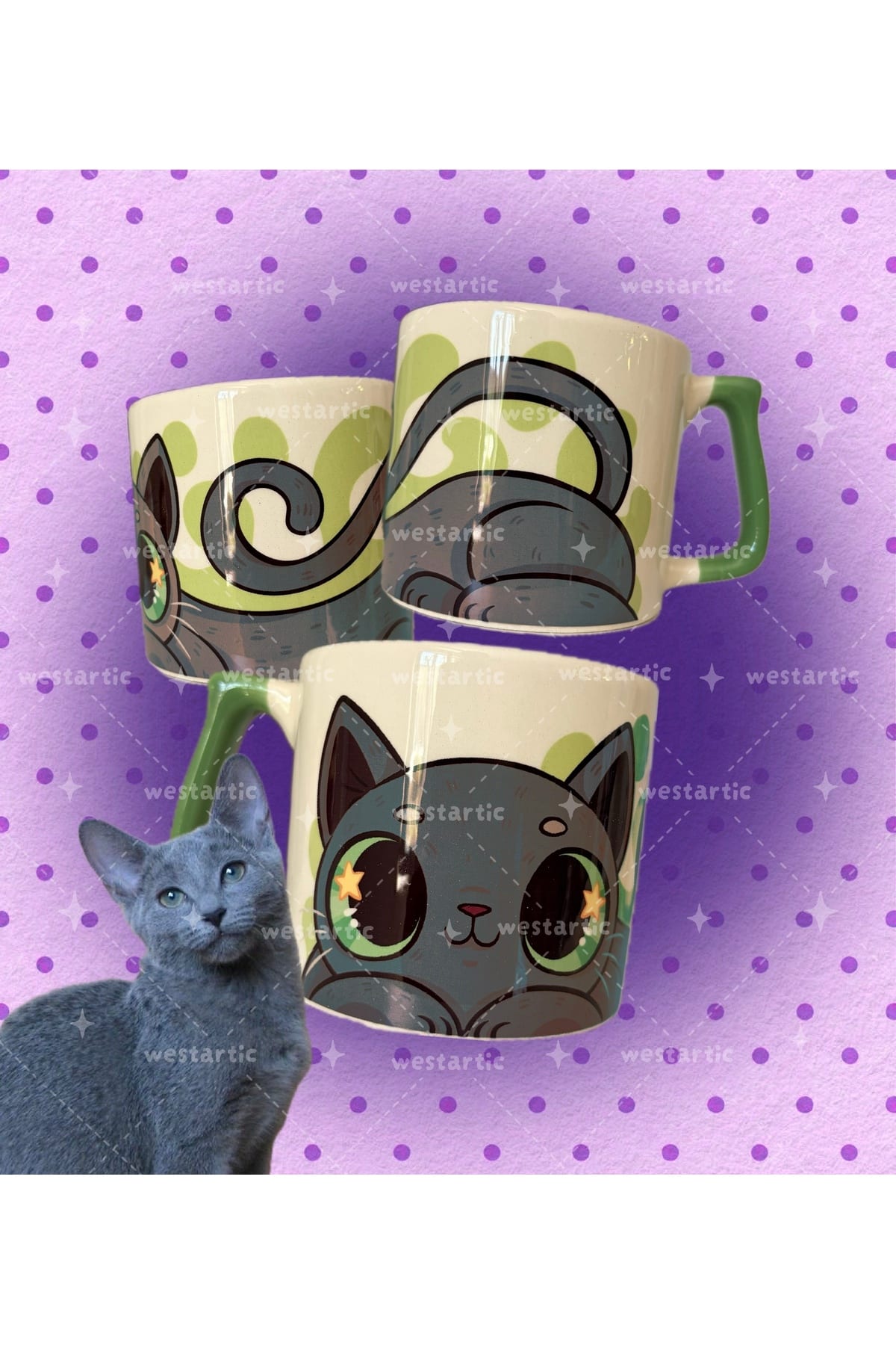 westcats Russian Blue Rus Kedisi Renkli Gri Kedi Tasarım Kupa Fincan Bardak