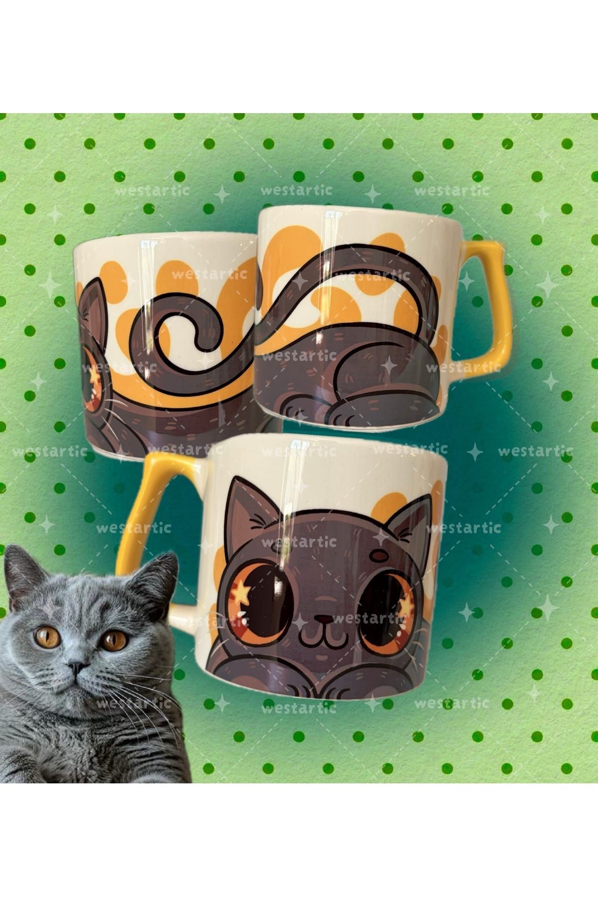 westcats British Shorthair Cins Renkli Gri Kedi Tasarım Kupa Fincan Bardak