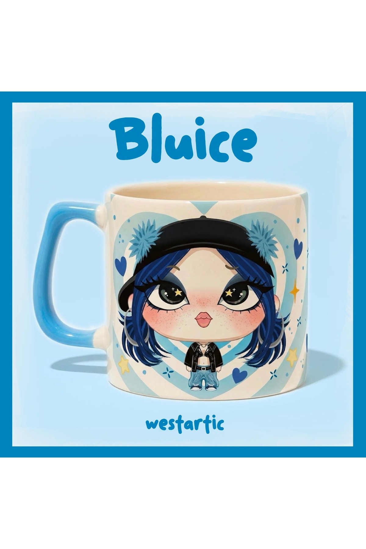 BLUEİCE Mavi Kalp Detaylı Havalı Asi Sevimli Chibi Karakter Bebek Kupa Kahve Fincanı