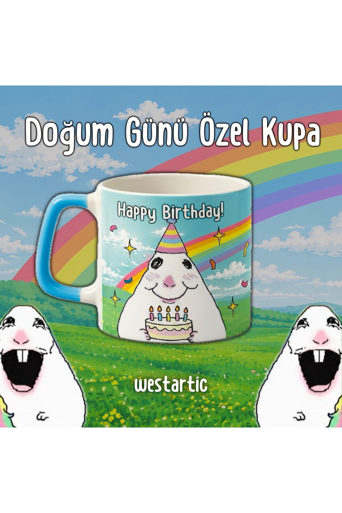 Basic Hamster Meme “Happy Birthday, Have a Rainbow-tastic Year!” Yazılı Mizah Komik Kupa Kahve Fincanı — baskılı kupa
