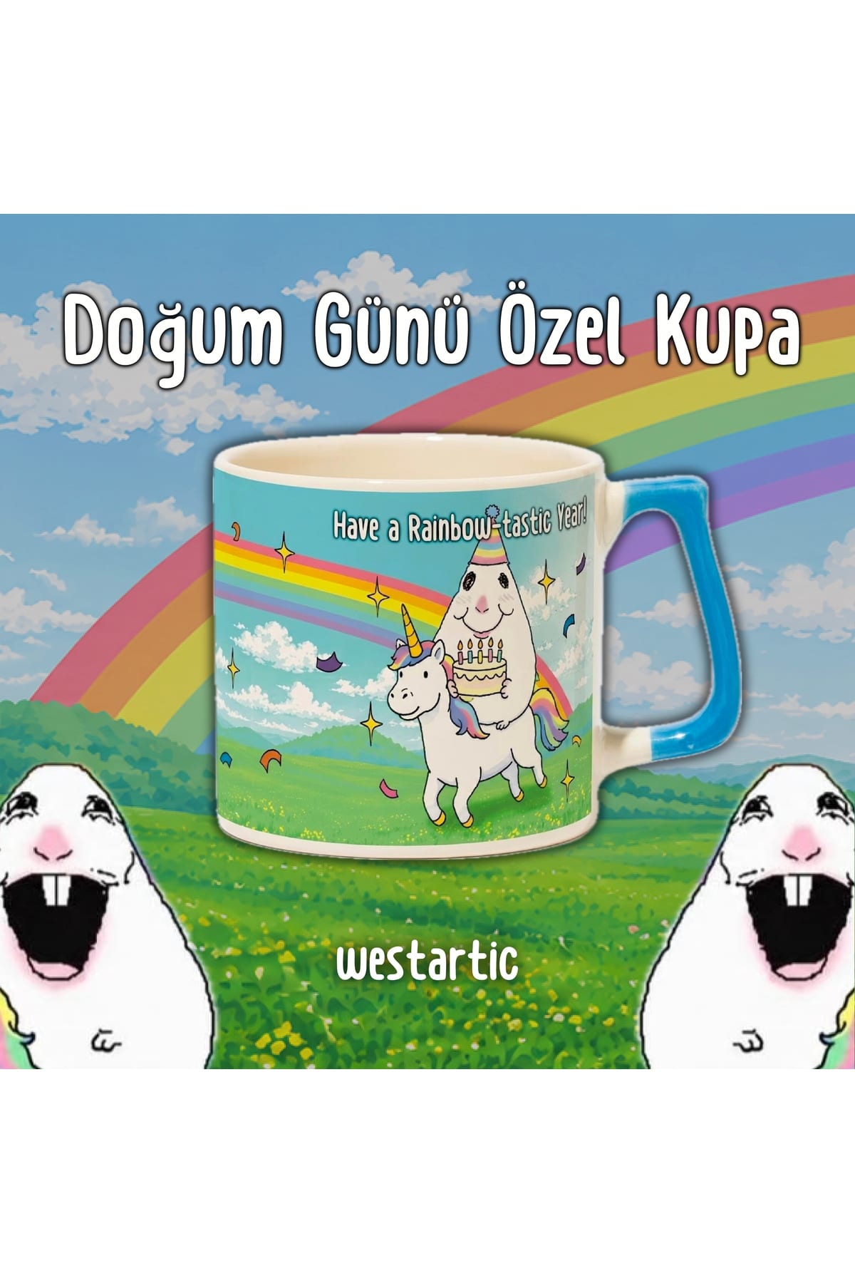 Basic Hamster Meme “Happy Birthday, Have a Rainbow-tastic Year!” Yazılı Mizah Komik Kupa Kahve Fincanı görsel 2