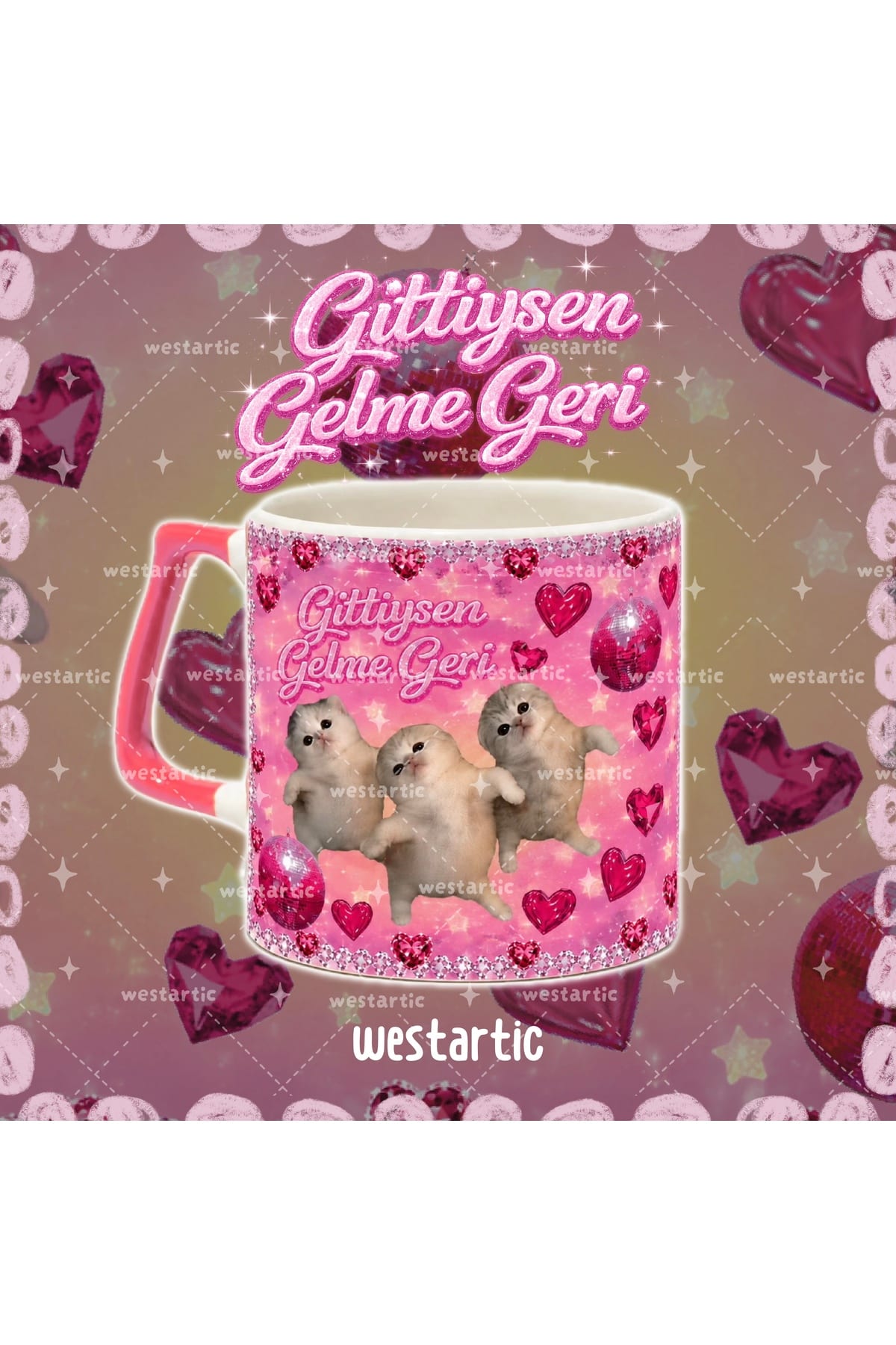 2000s Gittiysen Gelme Geri Yazılı Dans Eden Yavru Tatlı Kediler Pembe Kupa Fincan