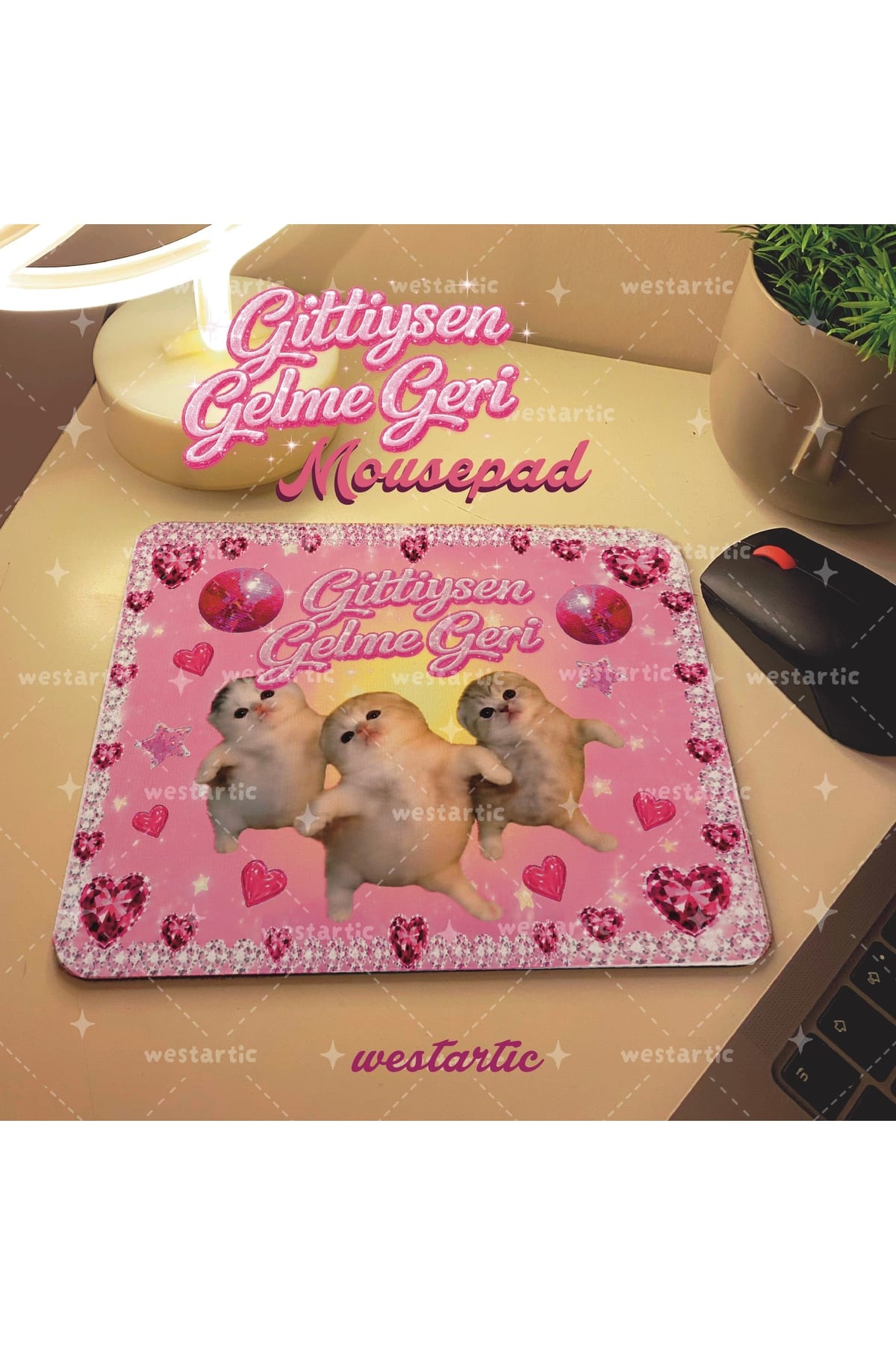 2000s Gittiysen Gelme Geri Yazılı Dans Eden Yavru Tatlı Kediler Pembe Mousepad Mouse Pad Altlığı