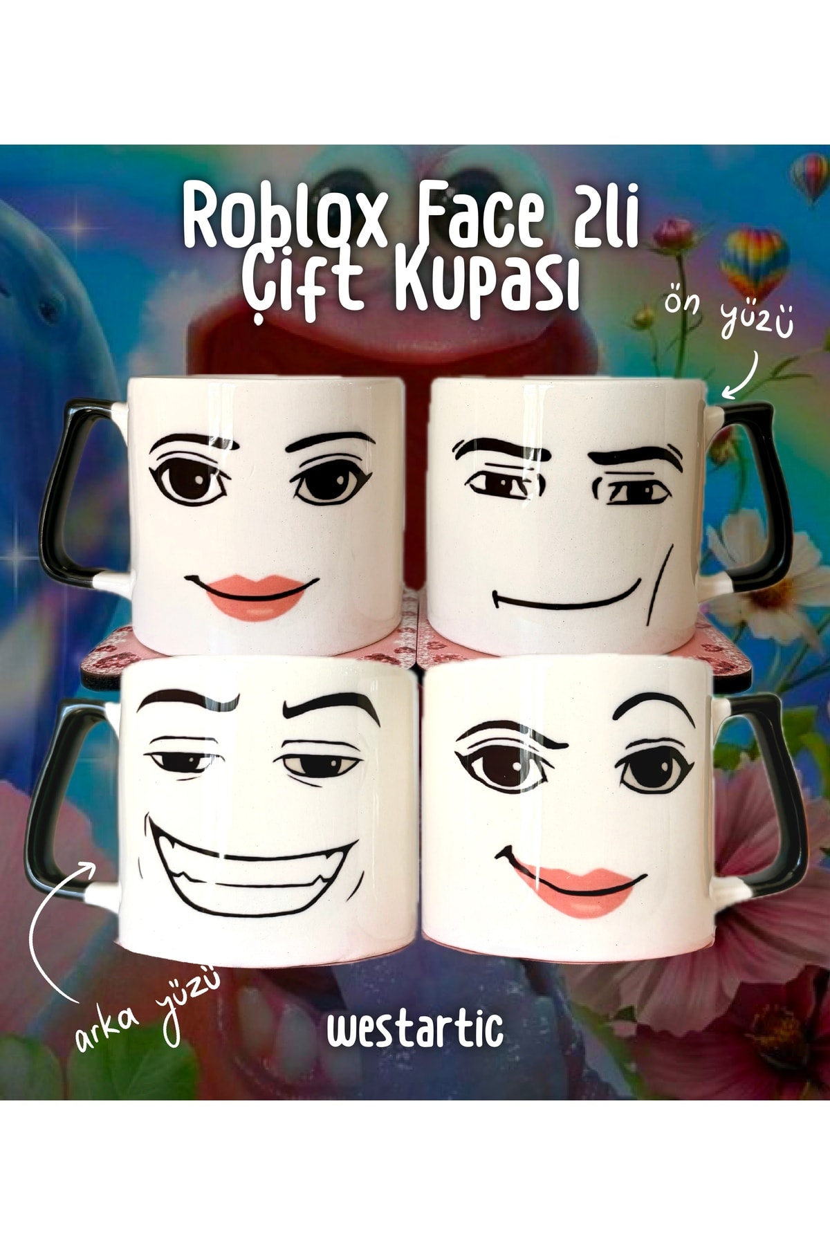 Roblox Man ve Roblox Woman Face Suratlı 2’li Çift Meme Komik Eğlenceli Kupa Fincan