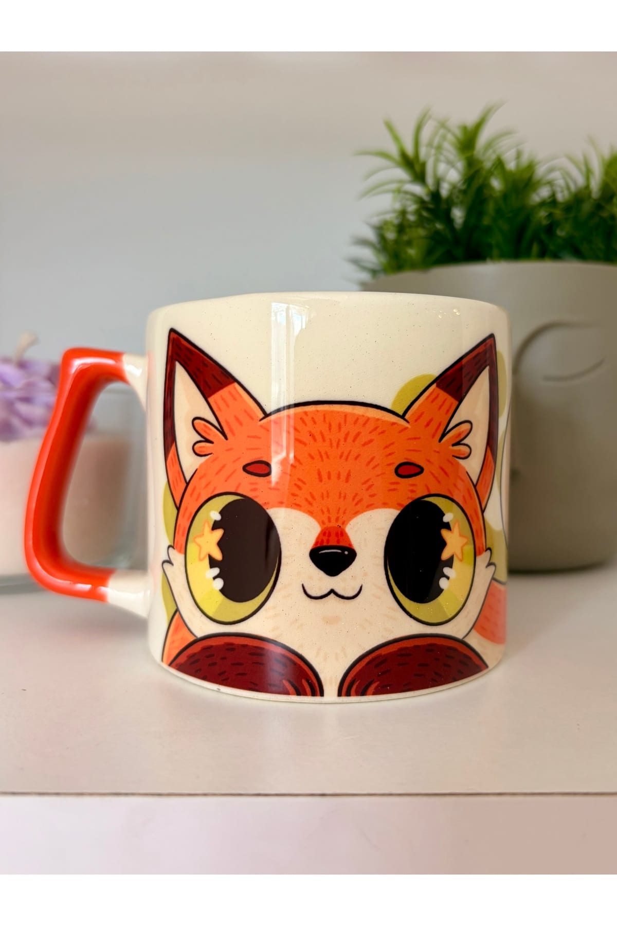 360 derece Tilki Desenli Kaplı Turuncu Cozy Tasarım Kupa Fincan Bardak görsel 2