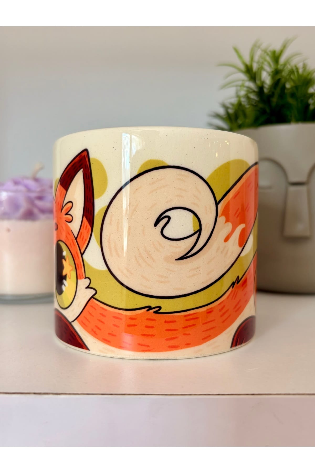 360 derece Tilki Desenli Kaplı Turuncu Cozy Tasarım Kupa Fincan Bardak görsel 3