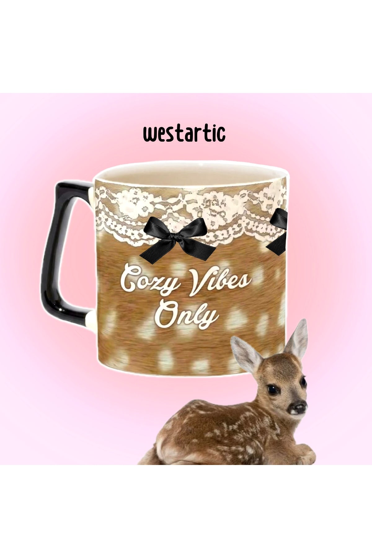 Geyikli Bambi Desenli Kurdeleli “Cozy Vibes Only” Yazılı Kupa Bardak Fincan