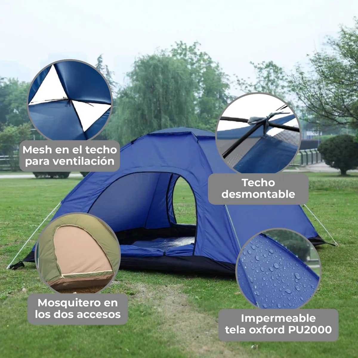 Carpa 4 Personas Automática Impermeable Waggs Doble Puerta Azul - miniatura 3
