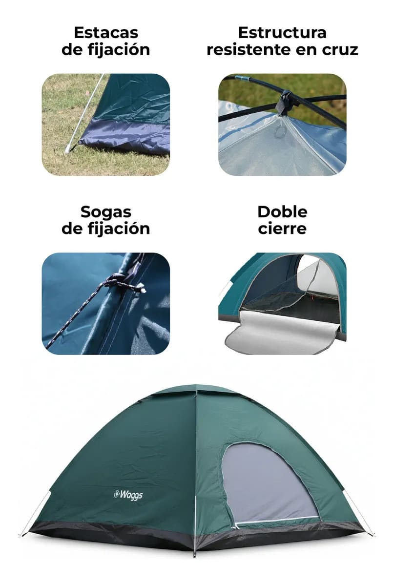 Carpa 4 Personas Automática Impermeable Waggs Doble Puerta Azul - miniatura 5
