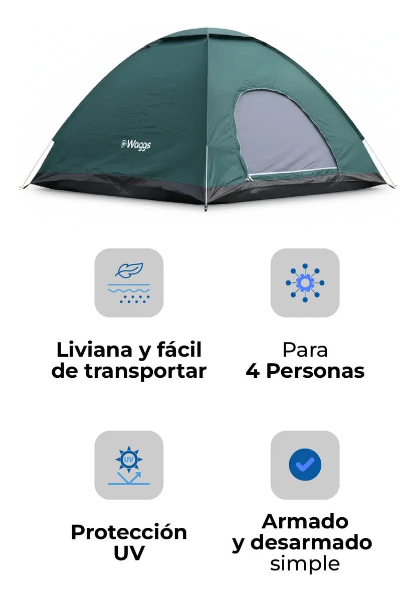 Carpa 4 Personas Automática Impermeable Waggs Doble Puerta Azul - miniatura 7