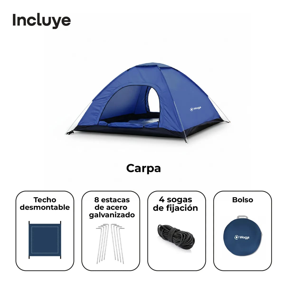 Carpa 4 Personas Automática Impermeable Waggs Doble Puerta Azul - miniatura 9