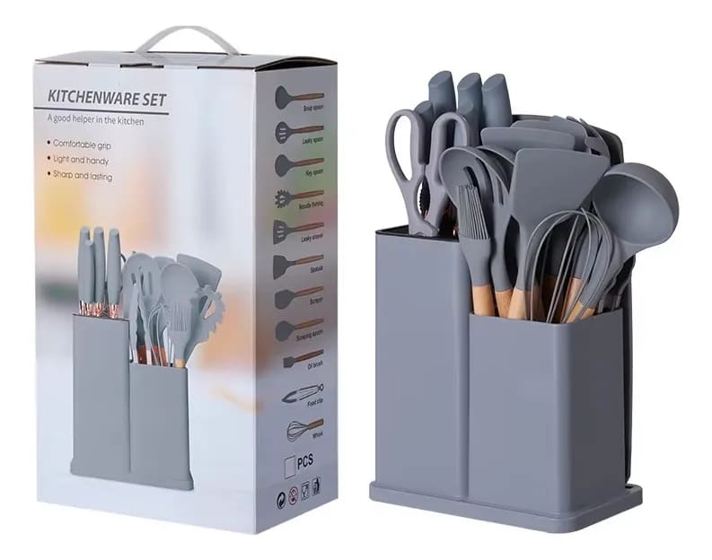 Set De 19 Utensilios De Cocina Silicona Mango Madera Cuchill Gris