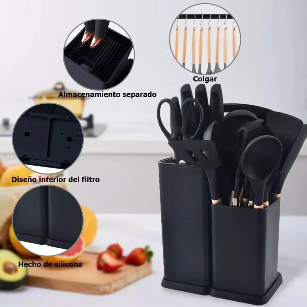 Set De 19 Utensilios De Cocina Silicona Mango Madera Cuchill Gris - miniatura 2