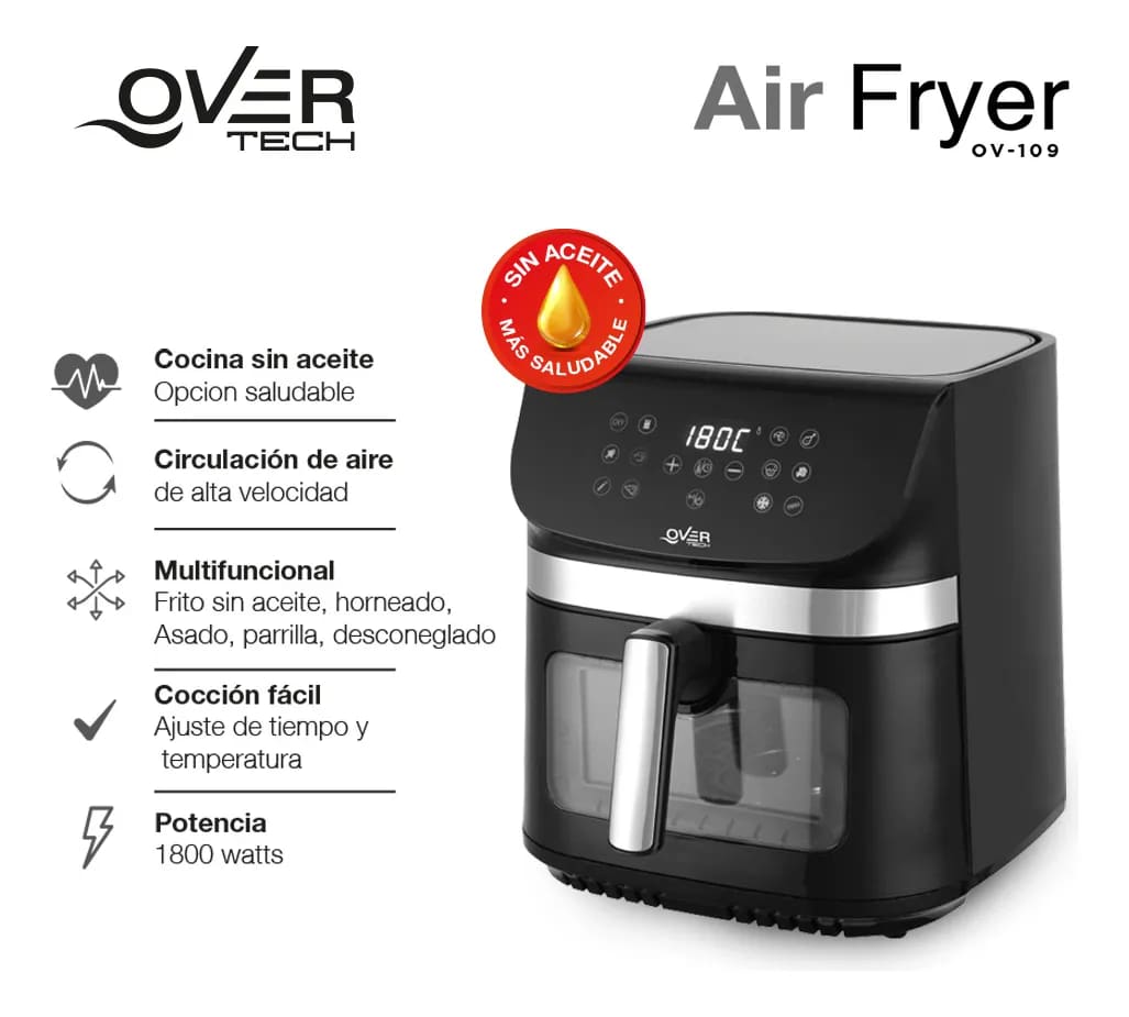 Freidora Overtech Electrica Sin Aceite De Aire 1800w 9 Litros Air Fryer Ov-109 12 Programas Antiadherente - miniatura 3
