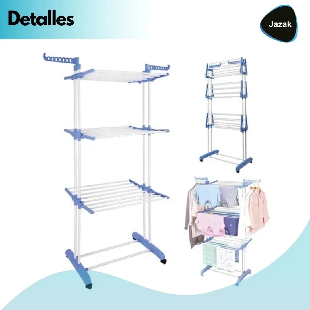 Tender Vertical 3 Niveles Ruedas Tendedero De Pie De Ropa Con Alas Y Ganchos Resistente Caños De Acero Plegable Mide 64cm X 75cm X 170cm Desplegado - miniatura 2