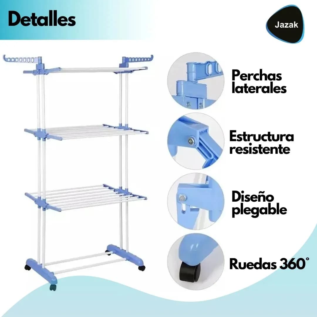 Tender Vertical 3 Niveles Ruedas Tendedero De Pie De Ropa Con Alas Y Ganchos Resistente Caños De Acero Plegable Mide 64cm X 75cm X 170cm Desplegado - miniatura 3