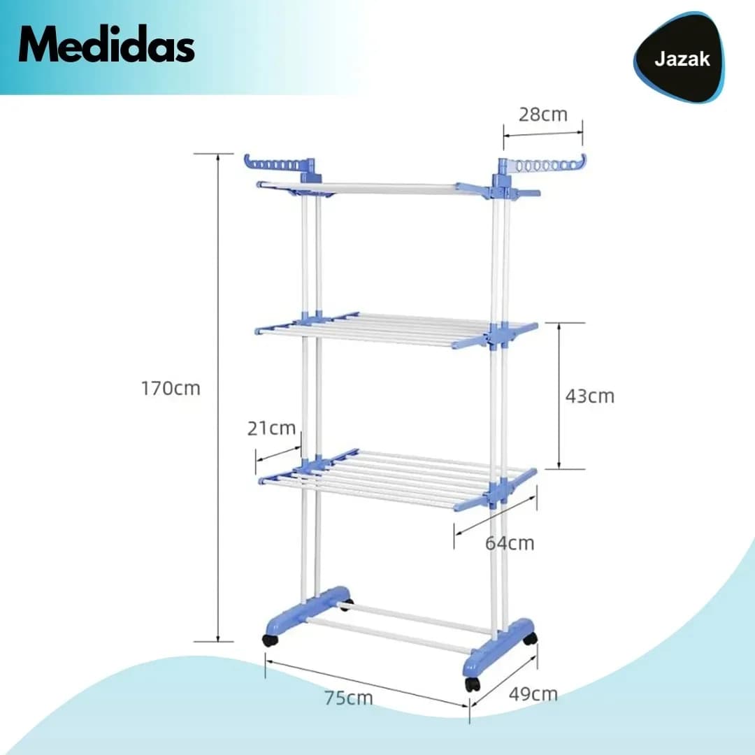 Tender Vertical 3 Niveles Ruedas Tendedero De Pie De Ropa Con Alas Y Ganchos Resistente Caños De Acero Plegable Mide 64cm X 75cm X 170cm Desplegado - miniatura 4