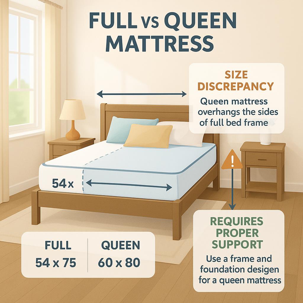 queen mattress dimensions, mattress size comparison, queen vs full mattress, bed frame sizes, full bed frame dimensions, mattress frame sizes, bed frame compatibility, queen mattress full frame