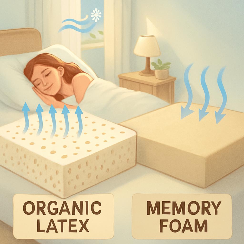 memory foam mattress, cooling mattress, breathable mattress, mattress breathability, organic latex mattress, natural latex mattress, latex vs memory foam, organic latex vs memory foam, temperature regulating mattress, latex mattress breathability
