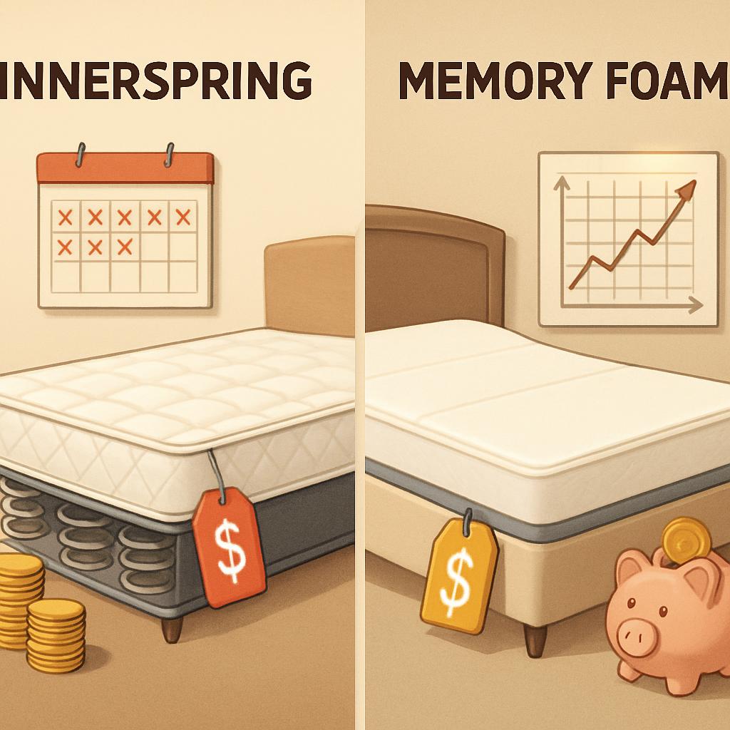innerspring vs memory foam cost, mattress price comparison, innerspring mattress cost, memory foam mattress price, mattress price wars, best value mattress, budget mattresses, cheap innerspring mattress, affordable memory foam
