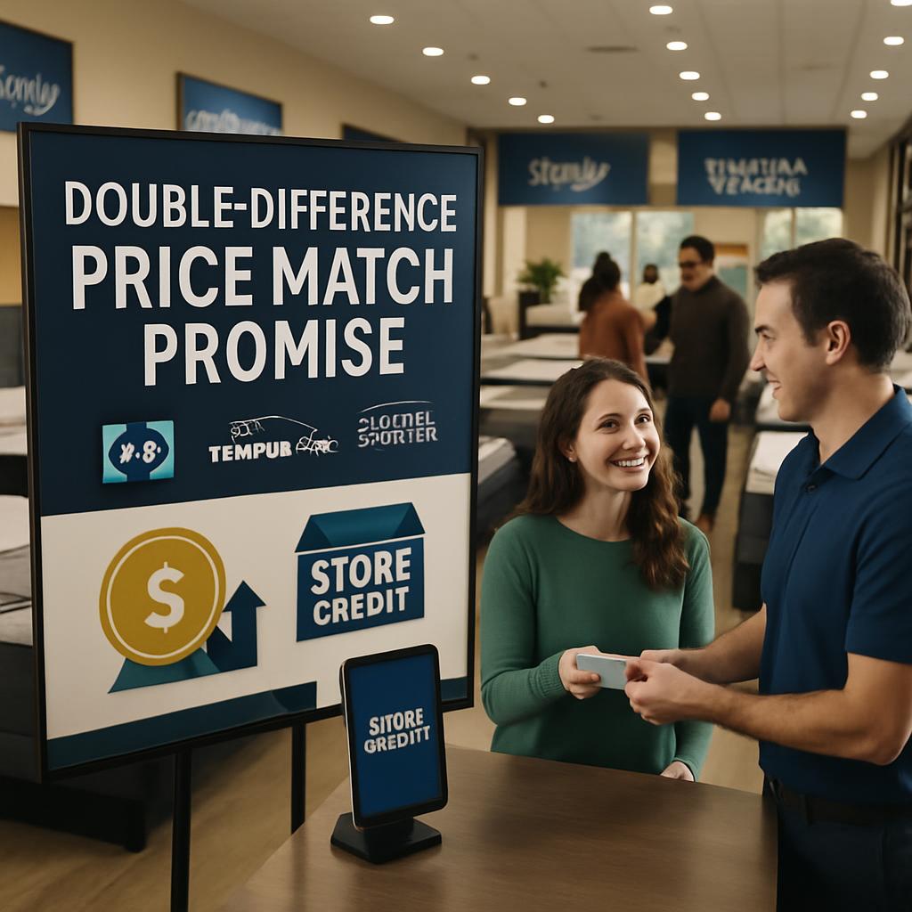 Shop Sleepology's double-difference price match policy for unbeatable savings on mattresses and sleep accessories!