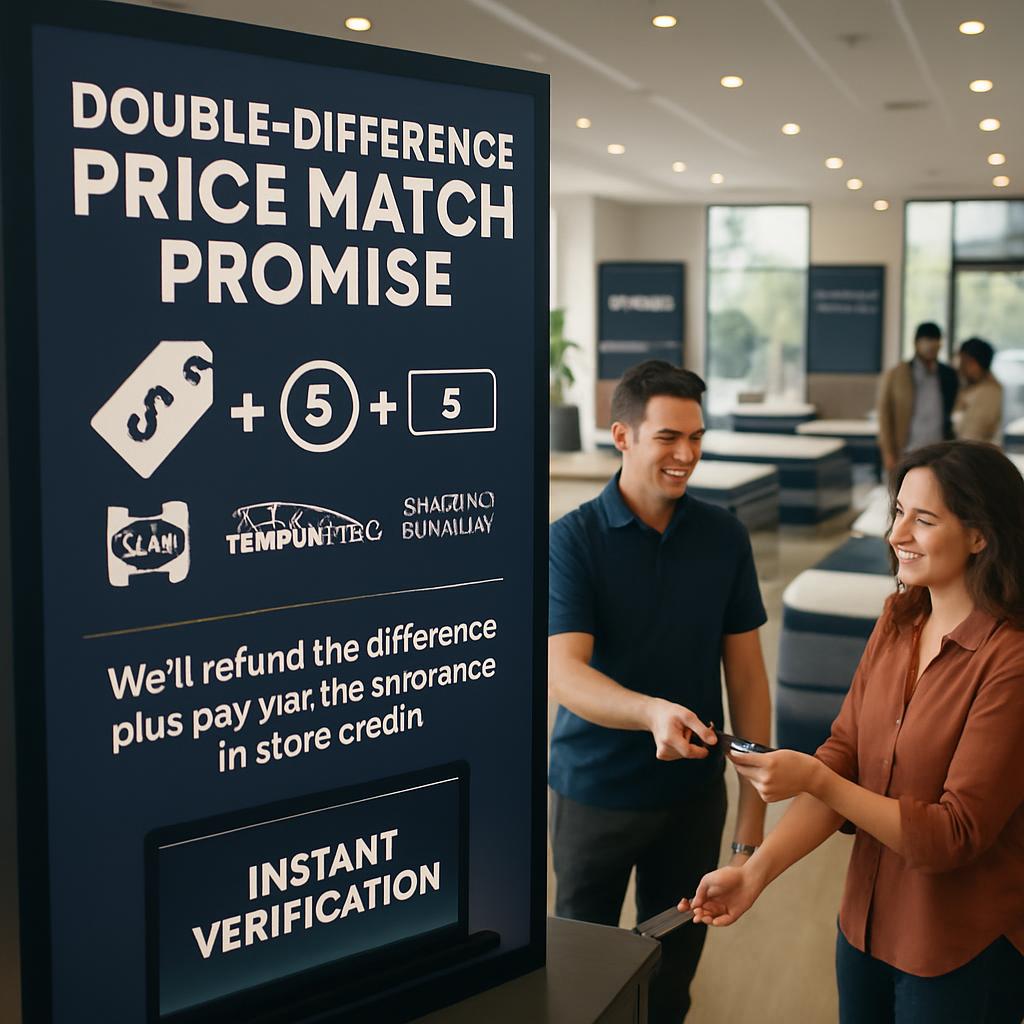 mattress price match, price match guarantee, price match policy, instant price match, double-difference price match, price match promise, quick price match, Sleepology price match, best mattress deals, price match benefits