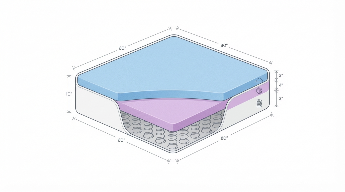 Infographic showing the measurements of a queen size mattress construction and layers
