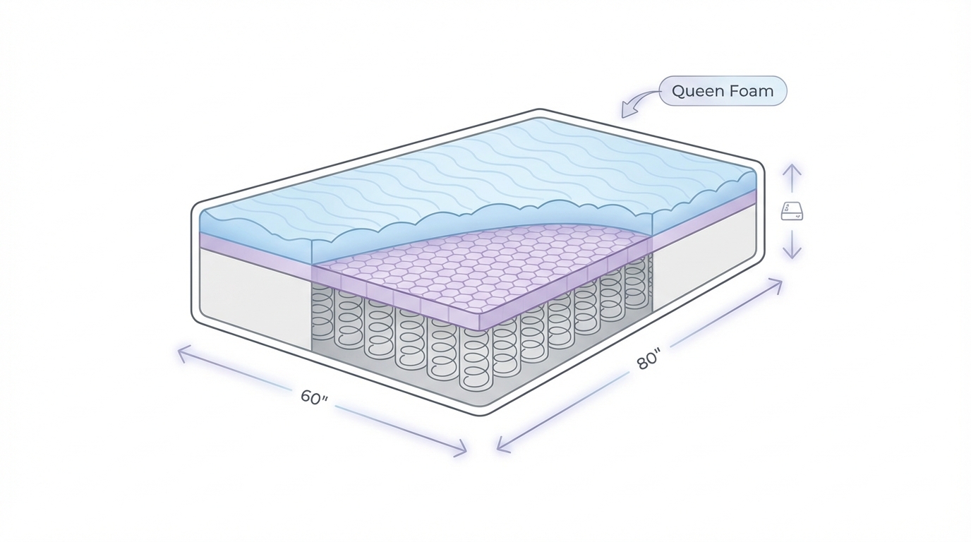 Infographic showing the dimensions of a queen size mattress construction and layers