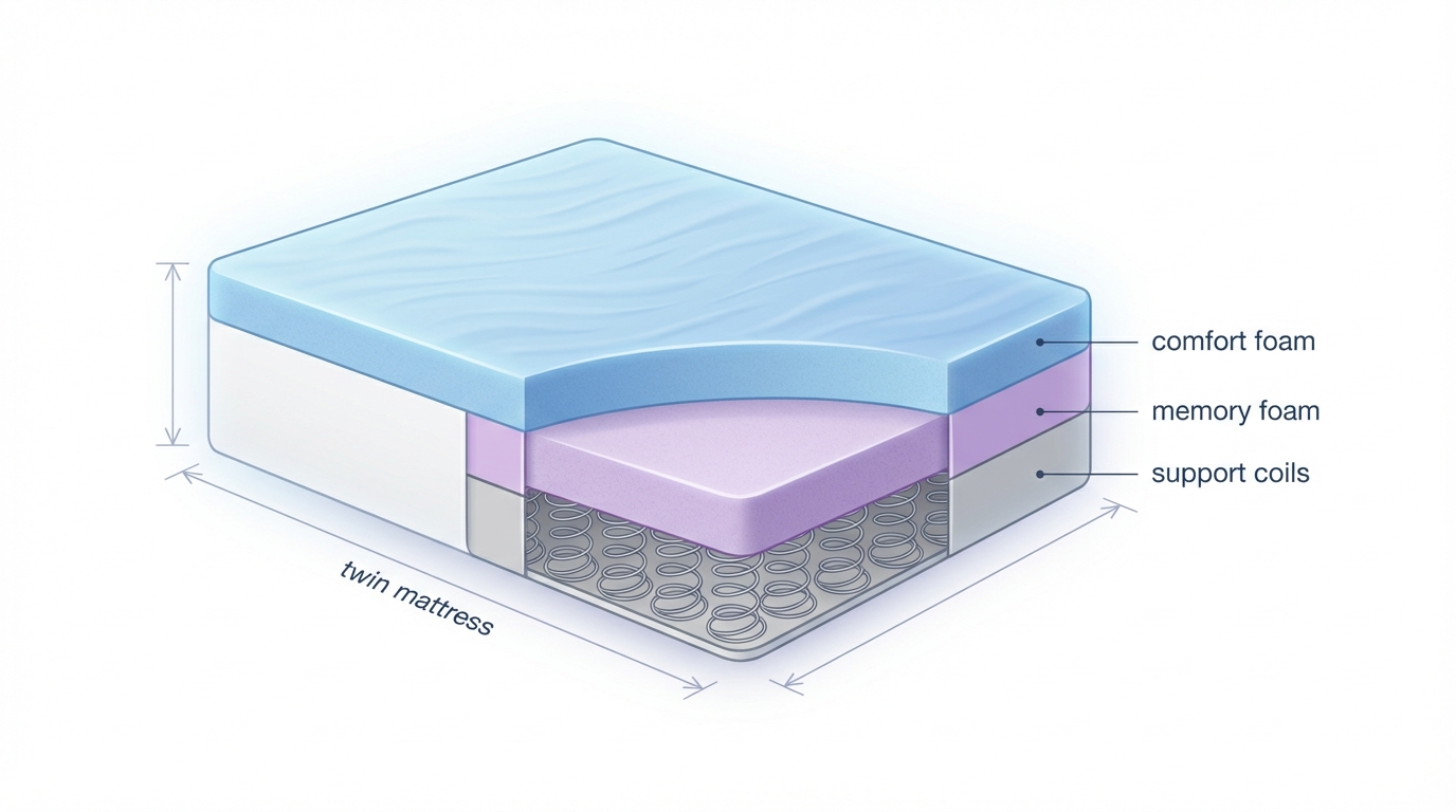 Infographic showing how big is a twin size mattress construction and layers