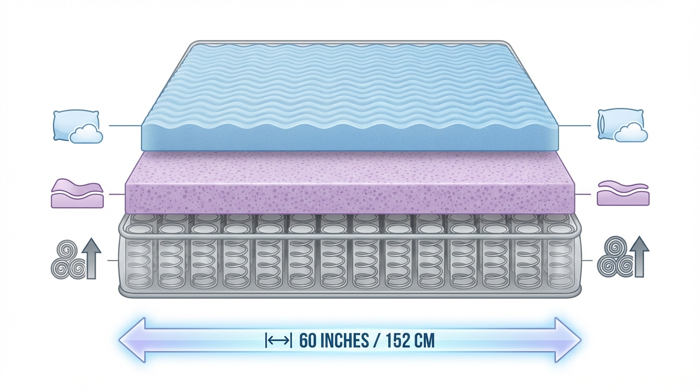 Infographic showing how wide is a queen size mattress construction and layers