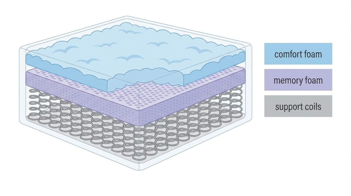 Infographic showing what size is a futon mattress construction and layers