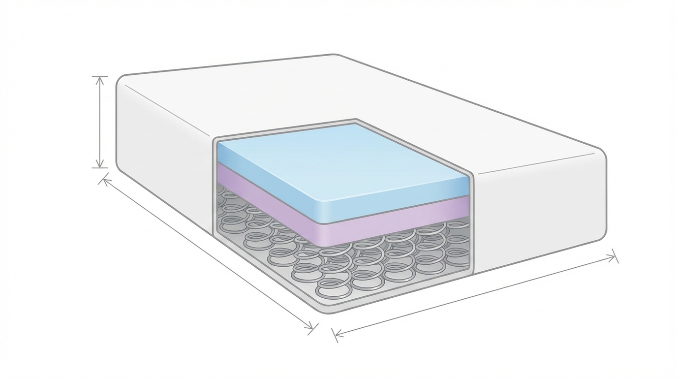 Infographic showing the dimensions of a twin mattress construction and layers