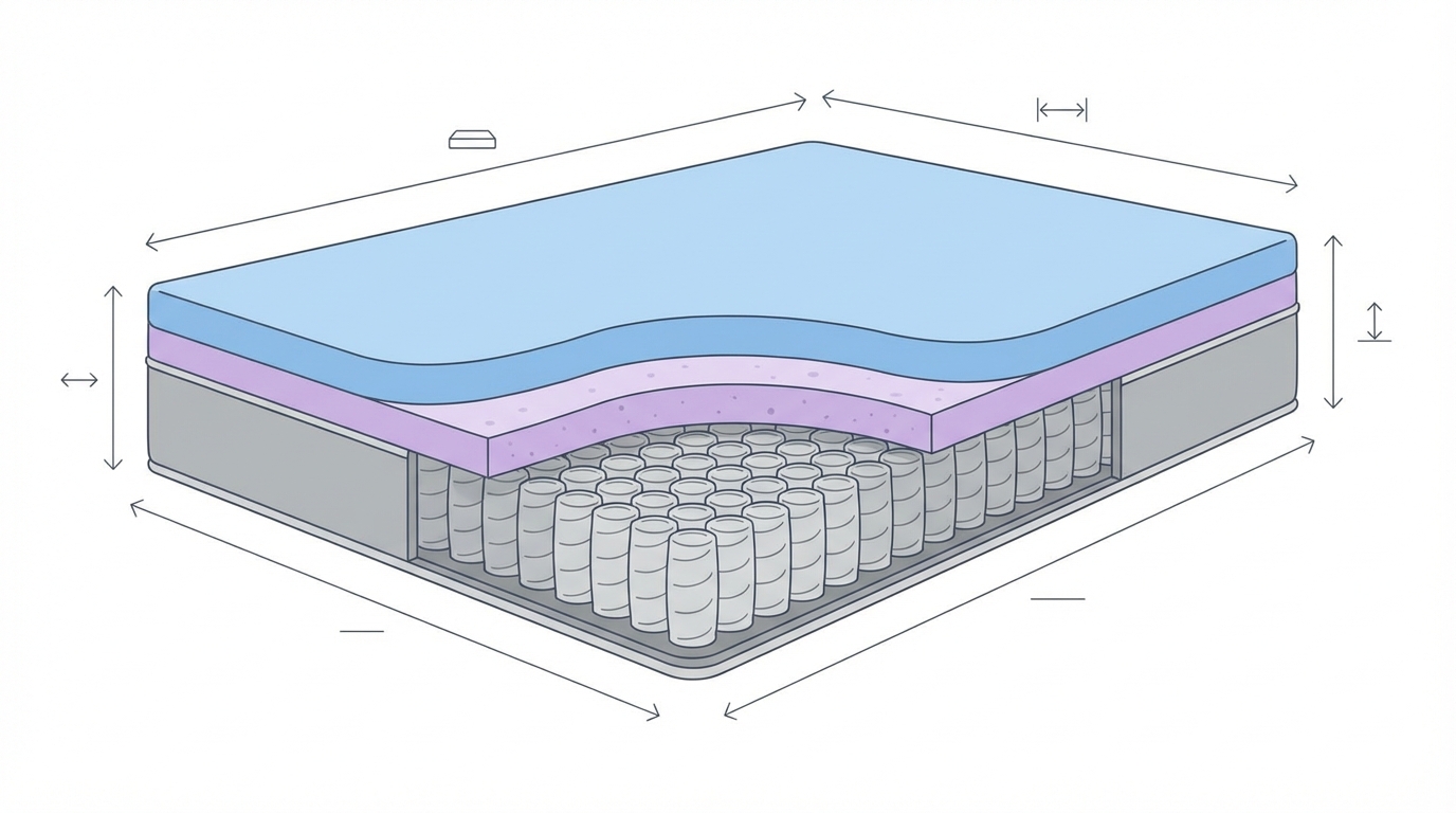 Infographic showing the dimensions of a queen mattress construction and layers