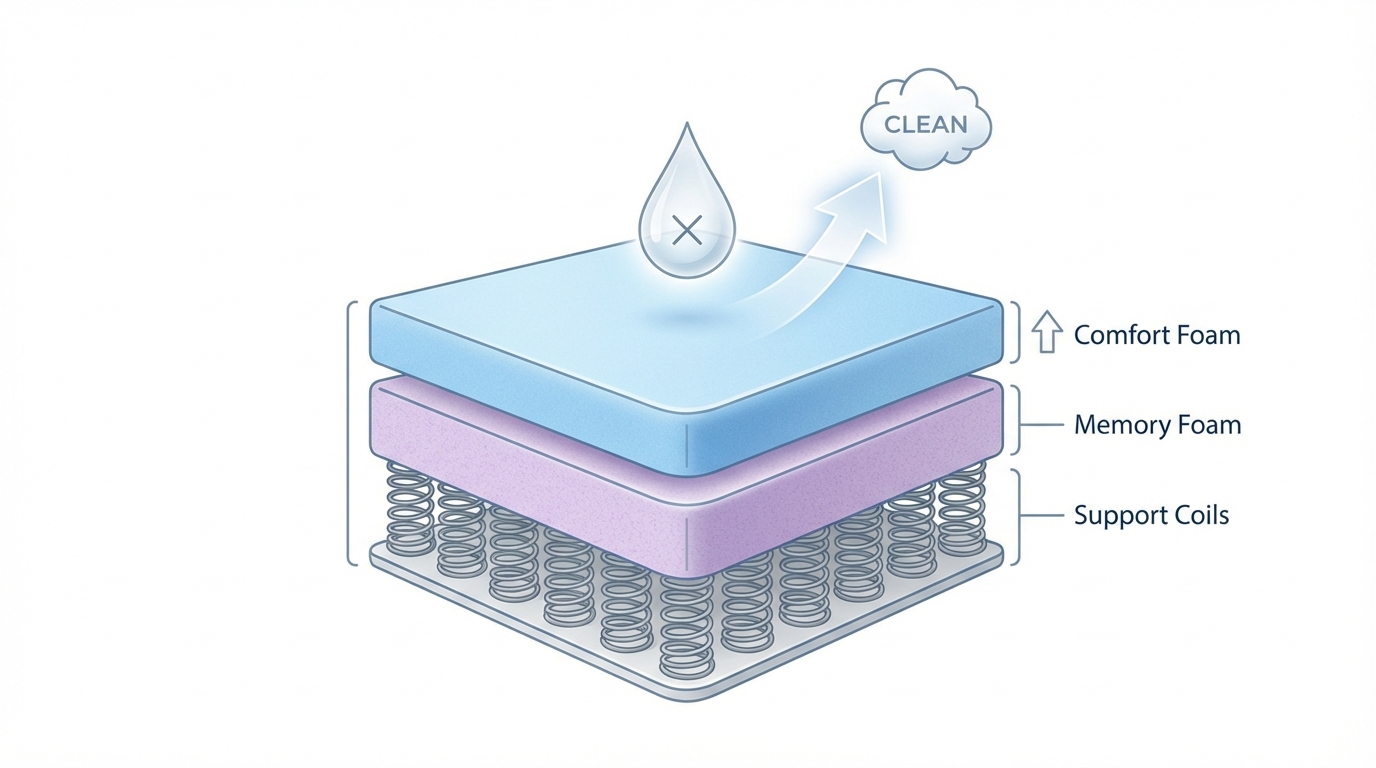 Infographic showing get pee stains out of mattress construction and layers